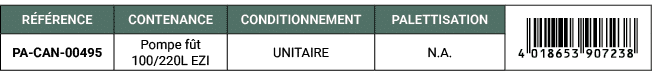 R F RENCE,CONTENANCE,CONDITIONNEMENT,PALETTISATION,￼,PA CAN 00495,Pompe f t 100/220L EZI,UNITAIRE,N.A. 