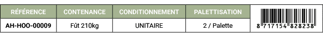R F RENCE,CONTENANCE,CONDITIONNEMENT,PALETTISATION,￼,AH HOO 00009,F t 210kg,UNITAIRE,2 / Palette