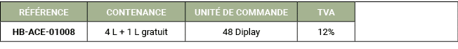 R F RENCE,CONTENANCE,UNIT DE COMMANDE,TVA,,HB ACE 01008,4 L + 1 L gratuit,48 Diplay,12%