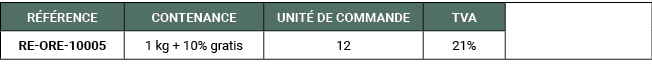 R F RENCE,CONTENANCE,UNIT DE COMMANDE,TVA,,RE ORE 10005,1 kg + 10% gratis,12,21%