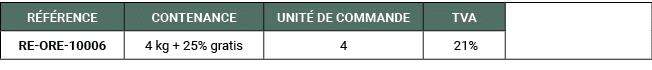 R F RENCE,CONTENANCE,UNIT DE COMMANDE,TVA,,RE ORE 10006,4 kg + 25% gratis,4, 21%