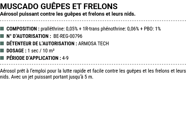 MUSCADO GU PES ET FRELONS A rosol puissant contre les gu pes et frelons et leurs nids. ■ COMPOSITION : prall thrine: ...