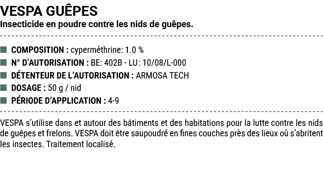 VESPA GU PES Insecticide en poudre contre les nids de gu pes. ■ COMPOSITION : cyperm thrine: 1.0 % ■ N° D’AUTORISATIO...