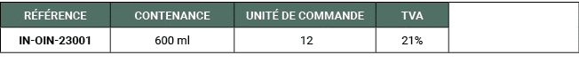 R F RENCE,CONTENANCE,UNIT DE COMMANDE,TVA,,IN OIN 23001,600 ml, 12,21% 
