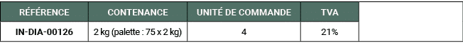R F RENCE,CONTENANCE,UNIT DE COMMANDE,TVA,,IN DIA 00126,2 kg (palette : 75 x 2 kg),4,21%