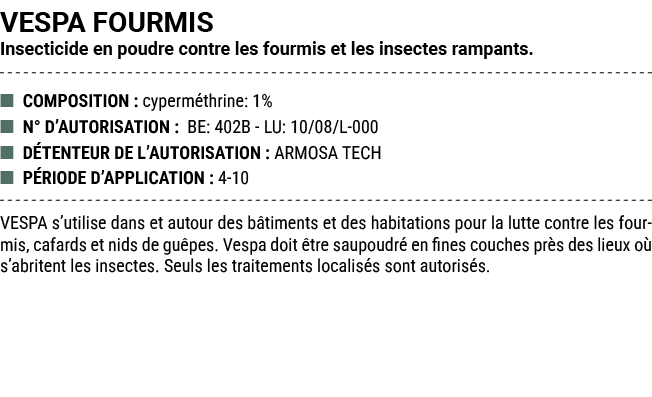 VESPA FOURMIS Insecticide en poudre contre les fourmis et les insectes rampants. ■ COMPOSITION : cyperm thrine: 1% ■ ...