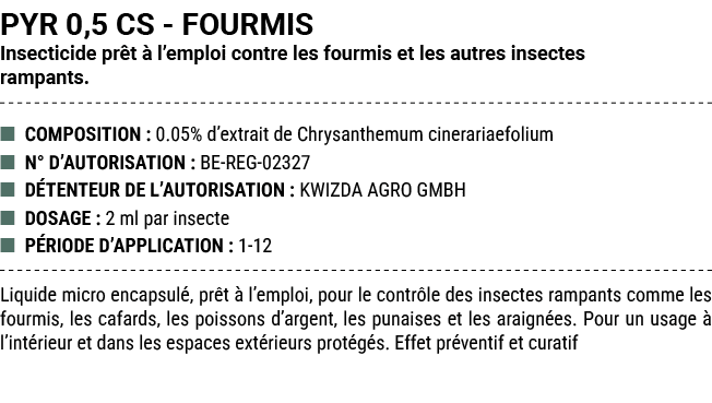 PYR 0,5 CS FOURMIS Insecticide pr t  l’emploi contre les fourmis et les autres insectes rampants. ■ COMPOSITION : 0....