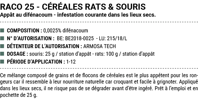 RACO 25 C R ALES RATS & SOURIS App t au dif nacoum infestation courante dans les lieux secs. ■ COMPOSITION : 0,0025% ...