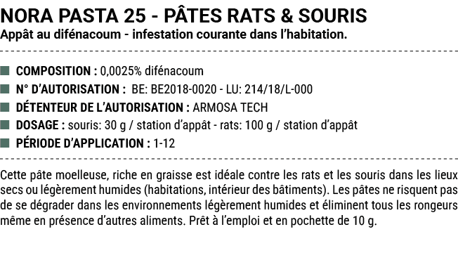 NORA PASTA 25 P TES RATS & SOURIS App t au dif nacoum infestation courante dans l’habitation. ■ COMPOSITION : 0,0025%...