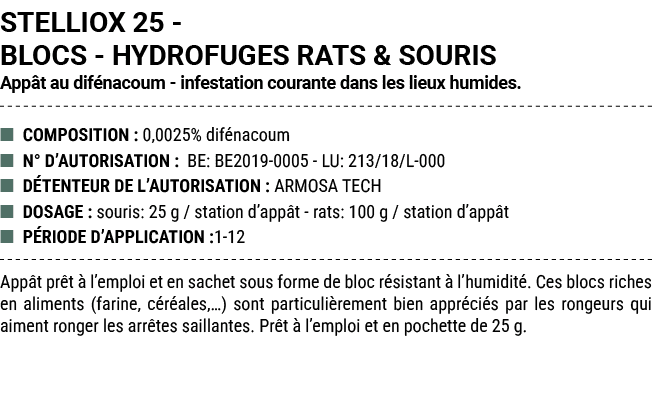 STELLIOX 25 BLOCS HYDROFUGES RATS & SOURIS App t au dif nacoum infestation courante dans les lieux humides. ■ COMPOSI...