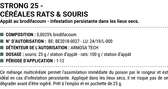 STRONG 25 C R ALES RATS & SOURIS App t au brodifacoum infestation persistante dans les lieux secs. ■ COMPOSITION : 0,...