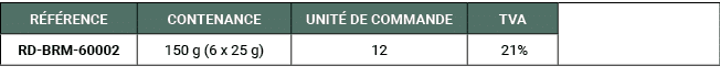 R F RENCE,CONTENANCE,UNIT DE COMMANDE,TVA,,RD BRM 60002,150 g (6 x 25 g),12, 21%