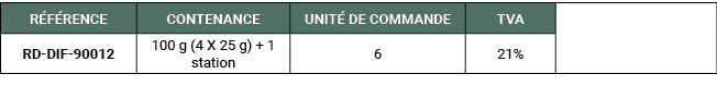 R F RENCE,CONTENANCE,UNIT DE COMMANDE,TVA,,RD DIF 90012,100 g (4 X 25 g) + 1 station,6,21%