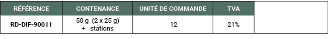 R F RENCE,CONTENANCE,UNIT DE COMMANDE,TVA,,RD DIF 90011,50 g (2 x 25 g) + stations, 12,21%