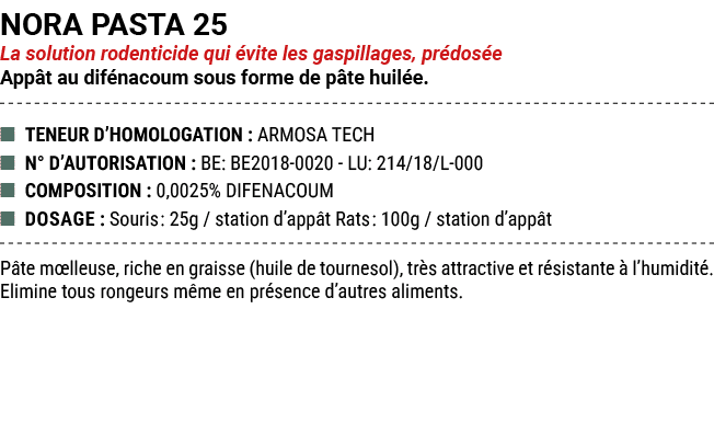 NORA PASTA 25 La solution rodenticide qui vite les gaspillages, pr dos e App t au dif nacoum sous forme de p te huil...