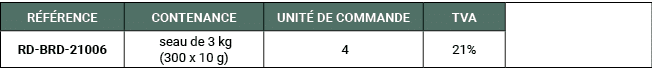 R F RENCE,CONTENANCE,UNIT DE COMMANDE,TVA,,RD BRD 21006, seau de 3 kg (300 x 10 g), 4,21%