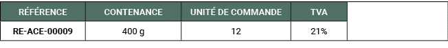R F RENCE,CONTENANCE,UNIT DE COMMANDE,TVA,,RE ACE 00009,400 g,12,21%
