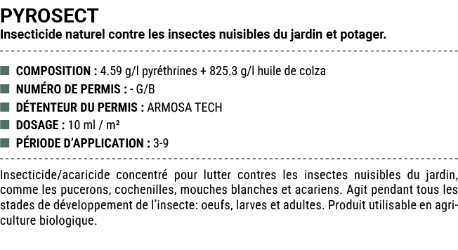 PYROSECT Insecticide naturel contre les insectes nuisibles du jardin et potager. ■ COMPOSITION : 4.59 g/l pyr thrines...