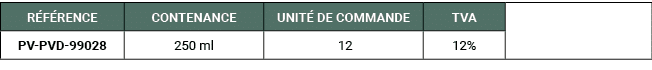 R F RENCE,CONTENANCE,UNIT DE COMMANDE,TVA,,PV PVD 99028,250 ml, 12,12%