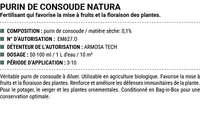 PURIN DE CONSOUDE NATURA Fertilisant qui favorise la mise  fruits et la floraison des plantes. ■ COMPOSITION : purin...