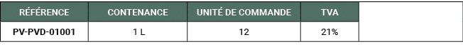 R F RENCE,CONTENANCE,UNIT DE COMMANDE,TVA,,PV PVD 01001, 1 L,12,21%