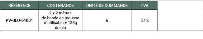 R F RENCE,CONTENANCE,UNIT DE COMMANDE,TVA,,PV GLU 01001,2 x 2 m tres de bande en mousse r utilisable + 135g de glu,6...