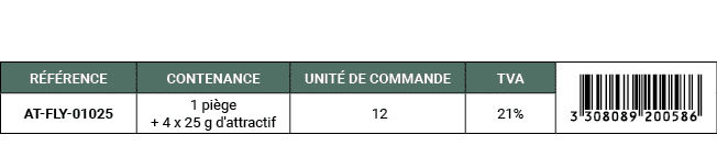 R F RENCE,CONTENANCE,UNIT DE COMMANDE,TVA,￼,AT FLY 01025,1 pi ge + 4 x 25 g d'attractif, 12,21%