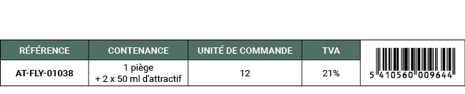 R F RENCE,CONTENANCE,UNIT DE COMMANDE,TVA,￼,AT FLY 01038,1 pi ge + 2 x 50 ml d'attractif,12,21%