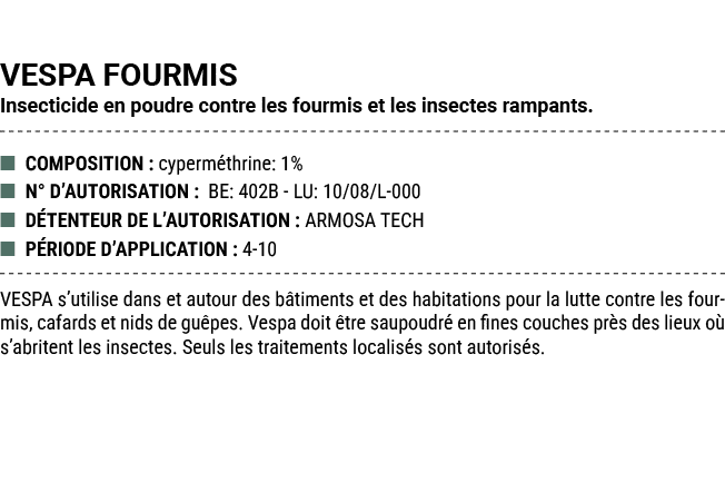 VESPA FOURMIS Insecticide en poudre contre les fourmis et les insectes rampants. ■ COMPOSITION : cyperm thrine: 1% ■ ...
