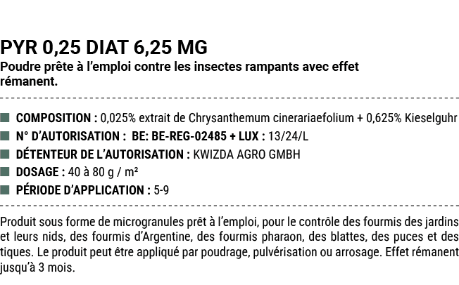 PYR 0,25 DIAT 6,25 MG Poudre pr te  l’emploi contre les insectes rampants avec effet r manent. ■ COMPOSITION : 0,025...