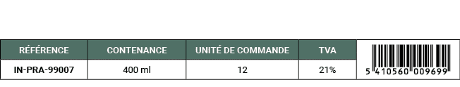 R F RENCE,CONTENANCE,UNIT DE COMMANDE,TVA,￼,IN PRA 99007,400 ml,12,21%