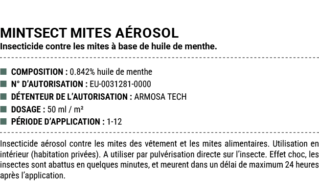 MINTSECT MITES a rosol Insecticide contre les mites  base de huile de menthe. ■ COMPOSITION : 0.842% huile de menthe...