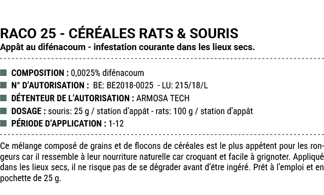 RACO 25 C R ALES RATS & SOURIS App t au dif nacoum infestation courante dans les lieux secs. ■ COMPOSITION : 0,0025% ...