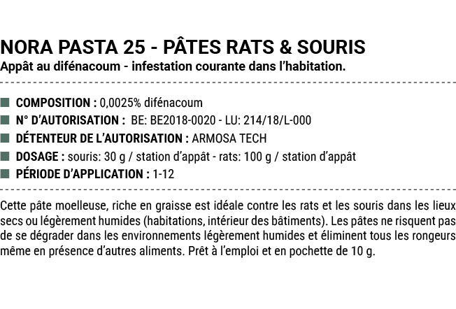 NORA PASTA 25 P TES RATS & SOURIS App t au dif nacoum infestation courante dans l’habitation. ■ COMPOSITION : 0,0025%...