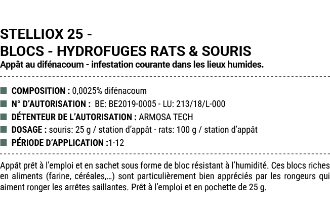 STELLIOX 25 BLOCS HYDROFUGES RATS & SOURIS App t au dif nacoum infestation courante dans les lieux humides. ■ COMPOSI...