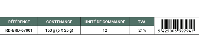 R F RENCE,CONTENANCE,UNIT DE COMMANDE,TVA,￼,RD BRD 67001,150 g (6 X 25 g),12, 21%