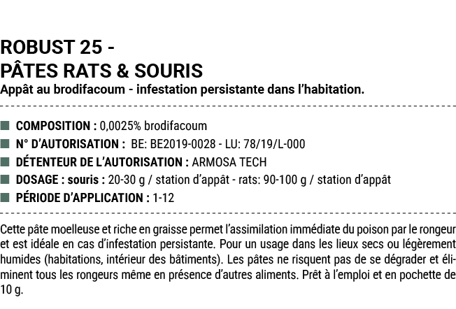 ROBUST 25 P TES RATS & SOURIS App t au brodifacoum infestation persistante dans l’habitation. ■ COMPOSITION : 0,0025%...