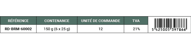 R F RENCE,CONTENANCE,UNIT DE COMMANDE,TVA,￼,RD BRM 60002,150 g (6 x 25 g),12, 21%