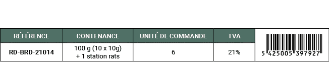 R F RENCE,CONTENANCE,UNIT DE COMMANDE,TVA,￼,RD BRD 21014,100 g (10 x 10g) + 1 station rats,6,21%