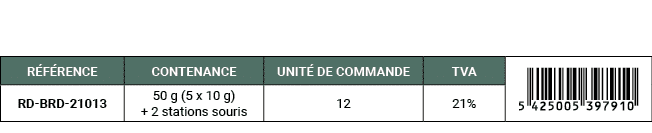 R F RENCE,CONTENANCE,UNIT DE COMMANDE,TVA,￼,RD BRD 21013,50 g (5 x 10 g) + 2 stations souris,12,21%