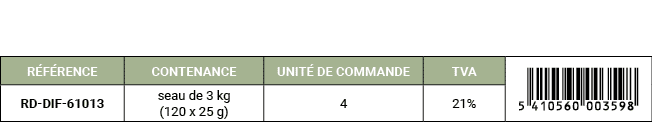 R F RENCE,CONTENANCE,UNIT DE COMMANDE,TVA,￼,RD DIF 61013,seau de 3 kg (120 x 25 g),4,21%
