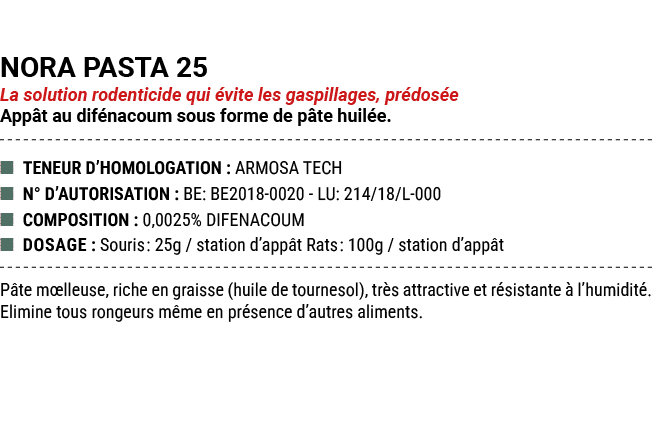 NORA PASTA 25 La solution rodenticide qui vite les gaspillages, pr dos e App t au dif nacoum sous forme de p te huil...
