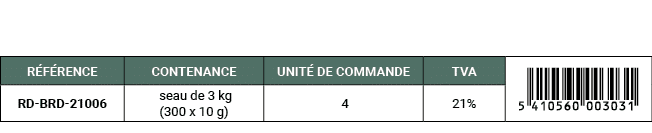 R F RENCE,CONTENANCE,UNIT DE COMMANDE,TVA,￼,RD BRD 21006, seau de 3 kg (300 x 10 g), 4,21%