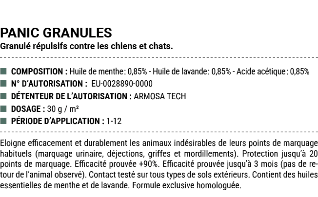 PANIC GRANULES Granul r pulsifs contre les chiens et chats. ■ COMPOSITION : Huile de menthe: 0,85% Huile de lavande:...