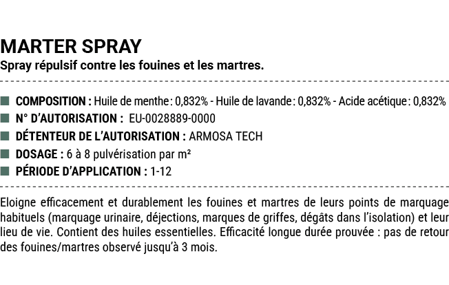 MARTER SPRAY Spray r pulsif contre les fouines et les martres. ■ COMPOSITION : Huile de menthe: 0,832% Huile de lavan...