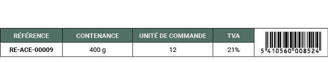 R F RENCE,CONTENANCE,UNIT DE COMMANDE,TVA,￼,RE ACE 00009,400 g,12,21%