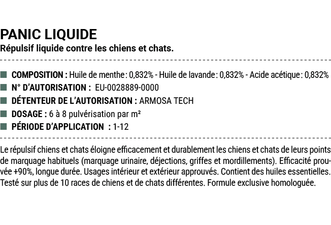 PANIC LIQUIDE R pulsif liquide contre les chiens et chats. ■ COMPOSITION : Huile de menthe: 0,832% Huile de lavande: ...