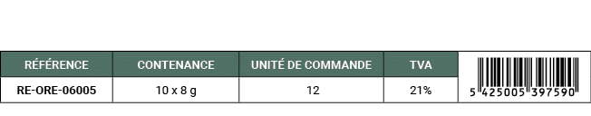 R F RENCE,CONTENANCE,UNIT DE COMMANDE,TVA,￼,RE ORE 06005,10 x 8 g, 12,21%