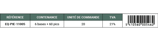 R F RENCE,CONTENANCE,UNIT DE COMMANDE,TVA,￼,EQ PIE 11005,6 bases + 60 pics,20,21%