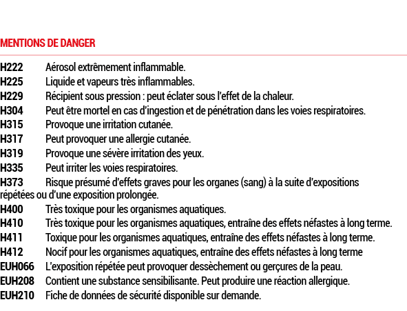 MENTIONS DE DANGER H222 A rosol extr mement inflammable. H225 Liquide et vapeurs tr s inflammables. H229 R cipient so...